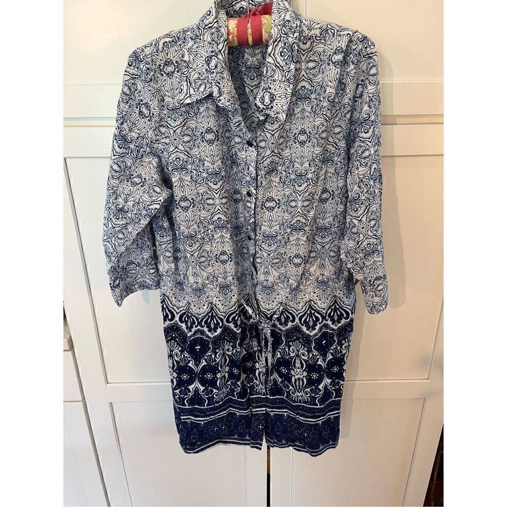 Lands End Women’s Button Down Tunic Dress Sz L 14-16 Elastic Waist Blue
